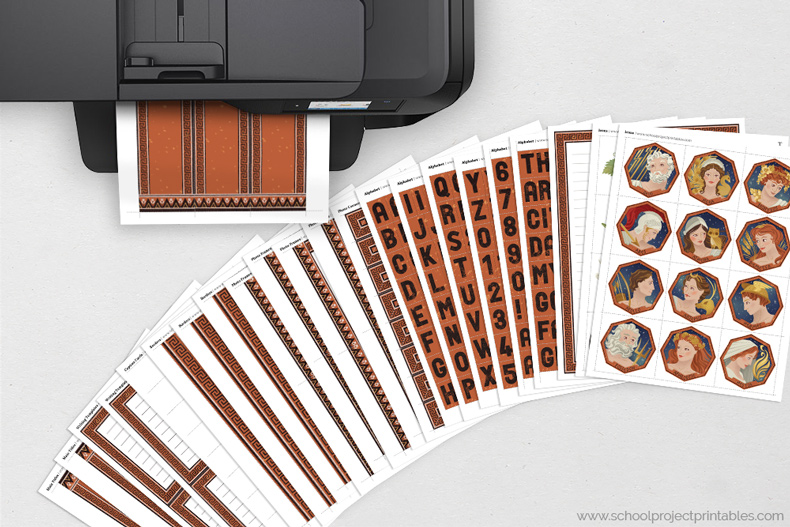 Ancient Greece kit can be printed at home on regular copy paper Ancient Greece kit page coming out of a printer, all pages shown on table