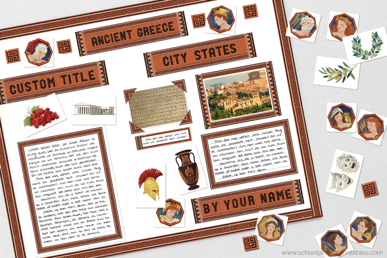 Printable clip art to decorating a Ancient Greece poster, includes icons, gods and goddesses