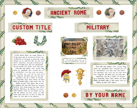 Finished Ancient Rome Report project poster board made from SchoolProjectPrintables.com kit