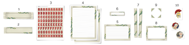 Diagram of Ancient Rome kit included pieces all of the types of pieces included in the Ancient Rome printable kit
