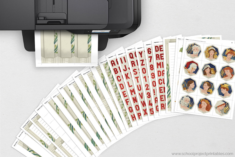 Ancient Rome kit can be printed at home on regular copy paper Ancient Rome kit page coming out of a printer, all pages shown on table