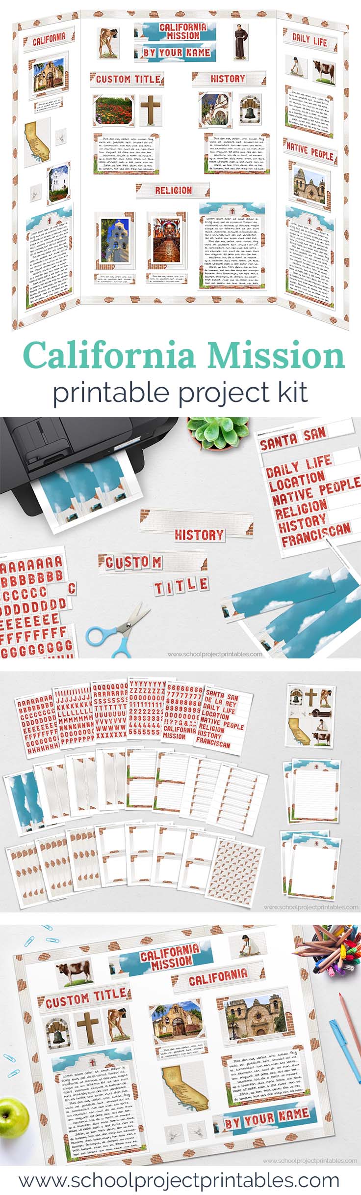 Long Pinterest Pin showing printable kit to make a poster board for a California Missions school project