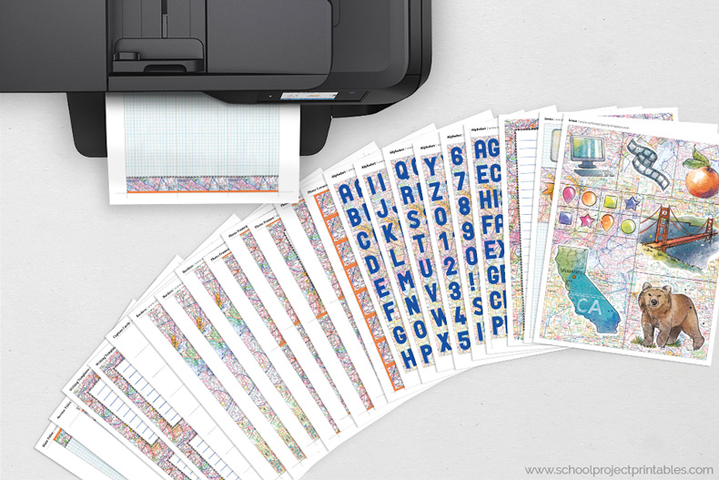 State Report kit can be printed at home on regular copy paper State Report kit page coming out of a printer, all pages shown on table