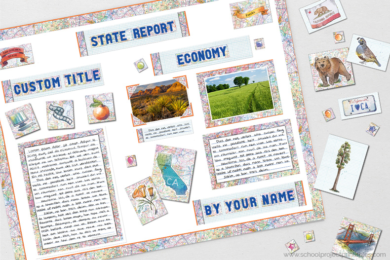 Printable clip art to decorating a State Report poster, includes objects, icons and people