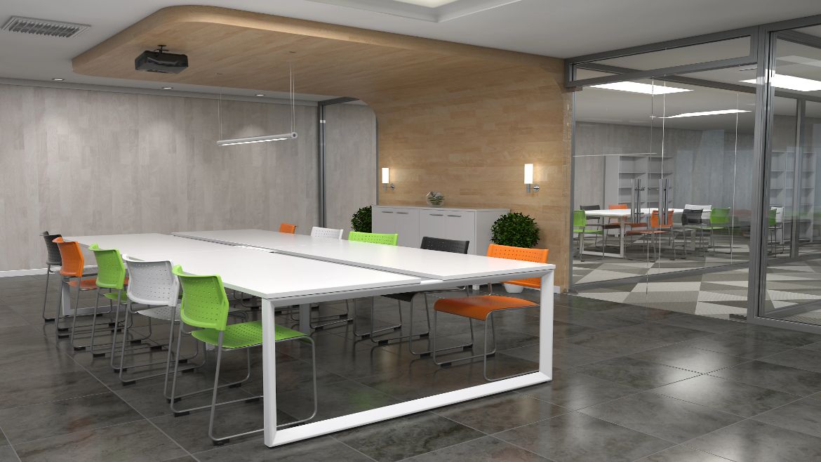 Modern Open Plan Office Workplace With Workstations, Office Chairs and Grey Pods