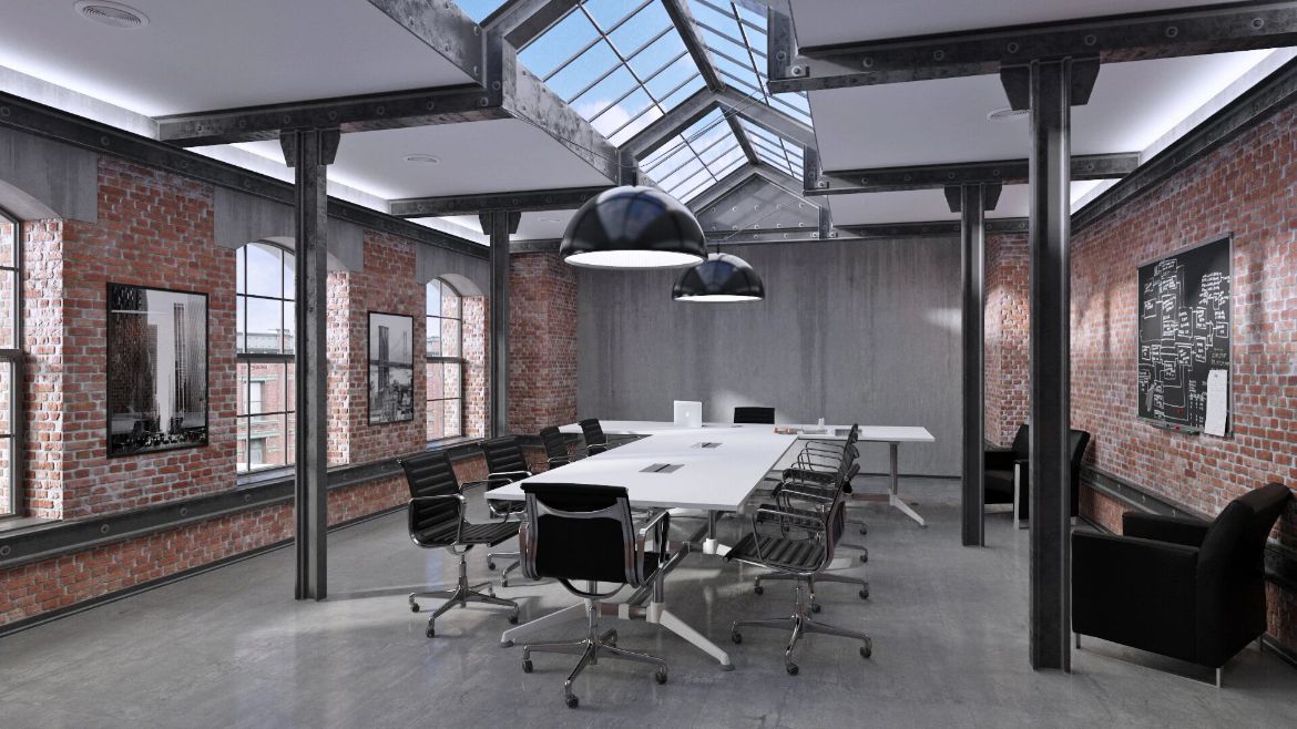Industrial and Modern Boardroom Setting with Brick Walls, and a Modern White Office Boardroom Table