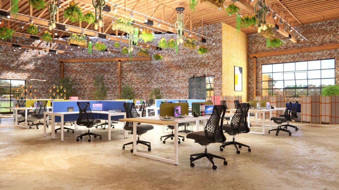 Industrial Office Workplace with Brick Walls, Plants, Greenery, 4 Person Workstations and Ergonomic Office Chairs