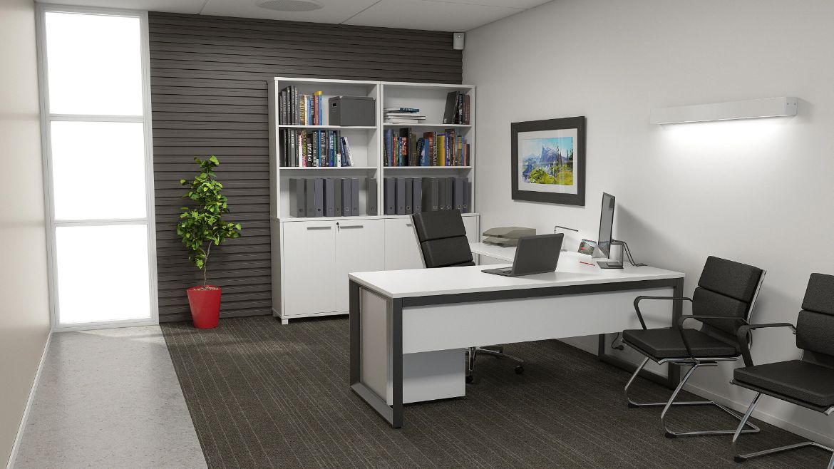 Private Office Space with an L-Desk, a Bookshelve Unit and Visitor Seating