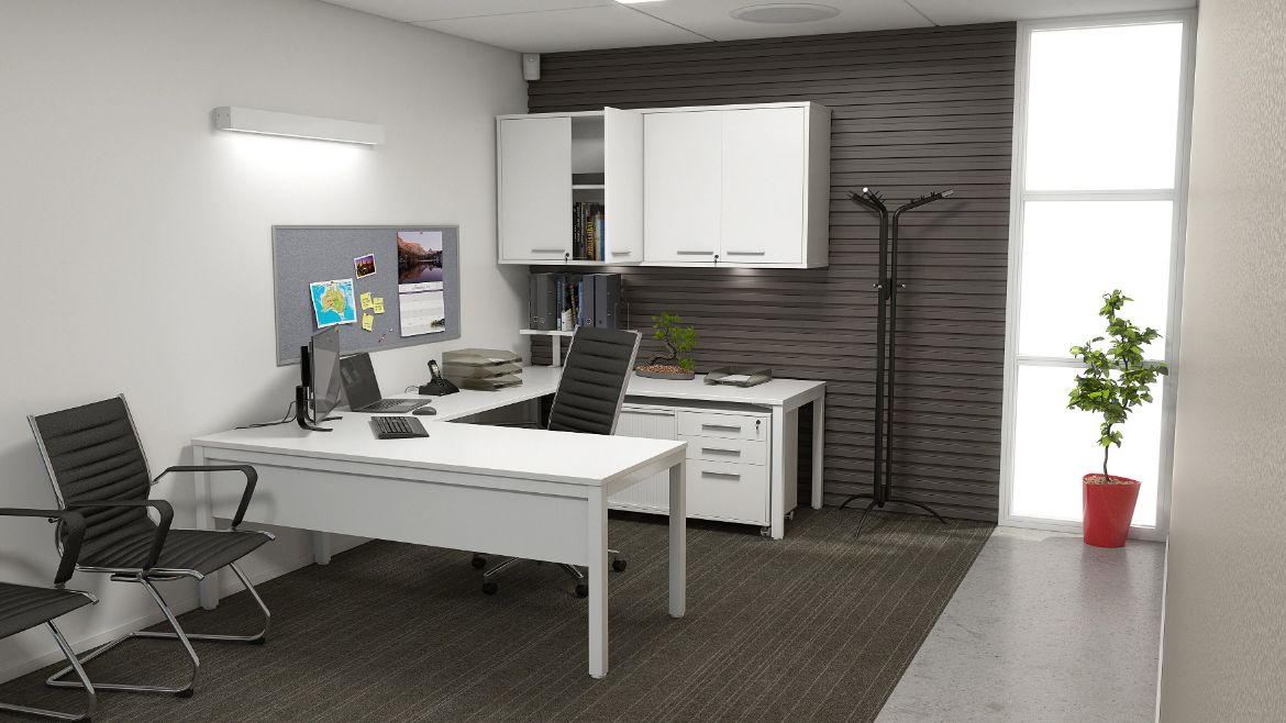 Private Office with a White Corner Desk, Cabinets, Storage and Executive Office Chairs
