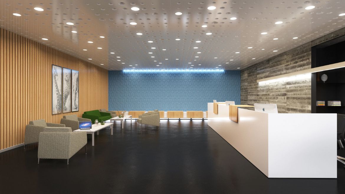 Modern Reception Area with a Long Reception Desk and a Large Waiting Area with Grey Lounge Seating and Meeting Tables