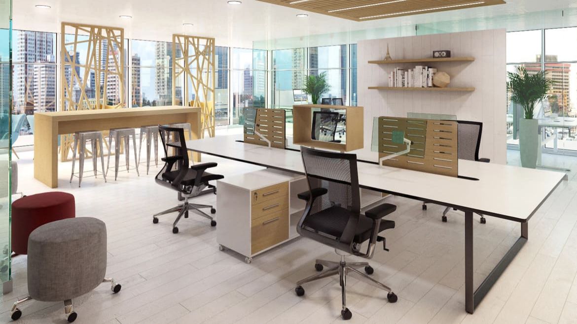 Open Plan Office with 4 Person Workstation with Woodern Modesty Panels and Office Chairs