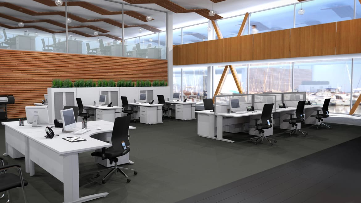 Open Plan Office with Workstations with Desk Screens, Height Adjustable L-Desks and Black Office Chairs Open Plan Office with Workstations with Desk Screens, Height Adjustable L-Desks and Black Office Chairs