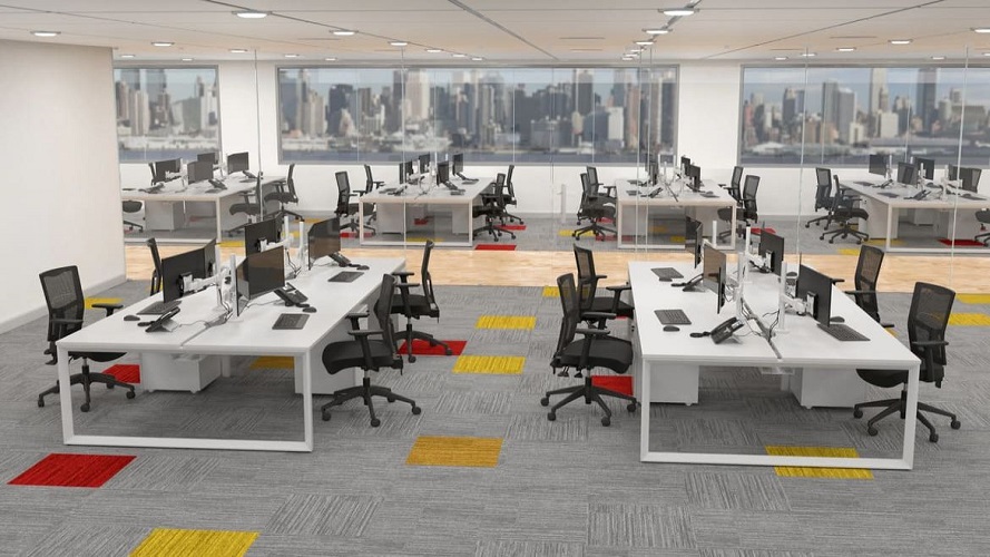 Open Plan Office with 4 Person Workstations, Computer Arms and Desk Storage Open Plan Office with 4 Person Workstations, Computer Arms and Desk Storage