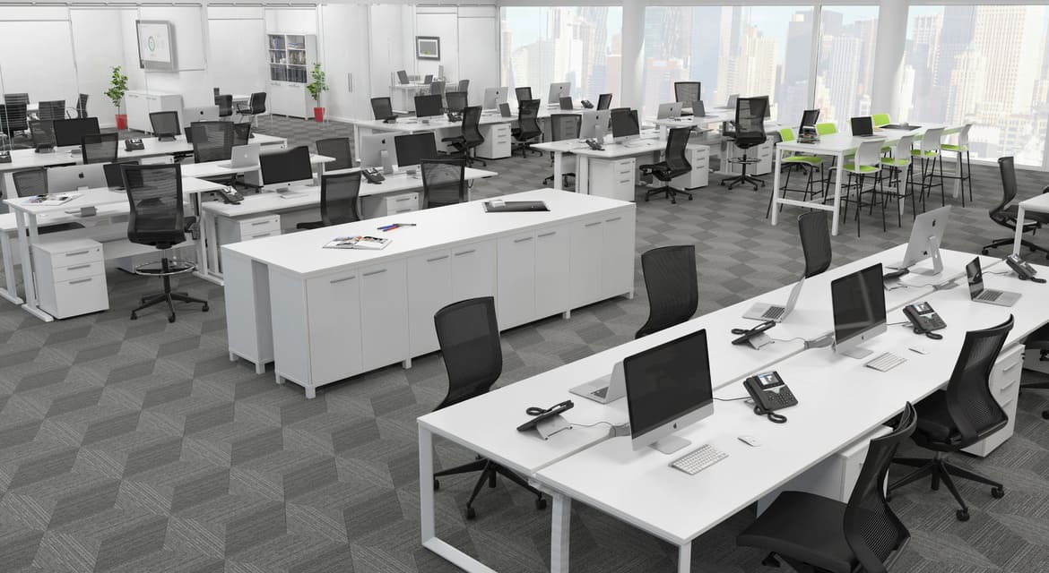Modern Open Plan Office with Height Adjustable Workstations, Storage Solutions and Black Office Chairs Modern Open Plan Office with Height Adjustable Workstations, Storage Solutions and Black Office Chairs