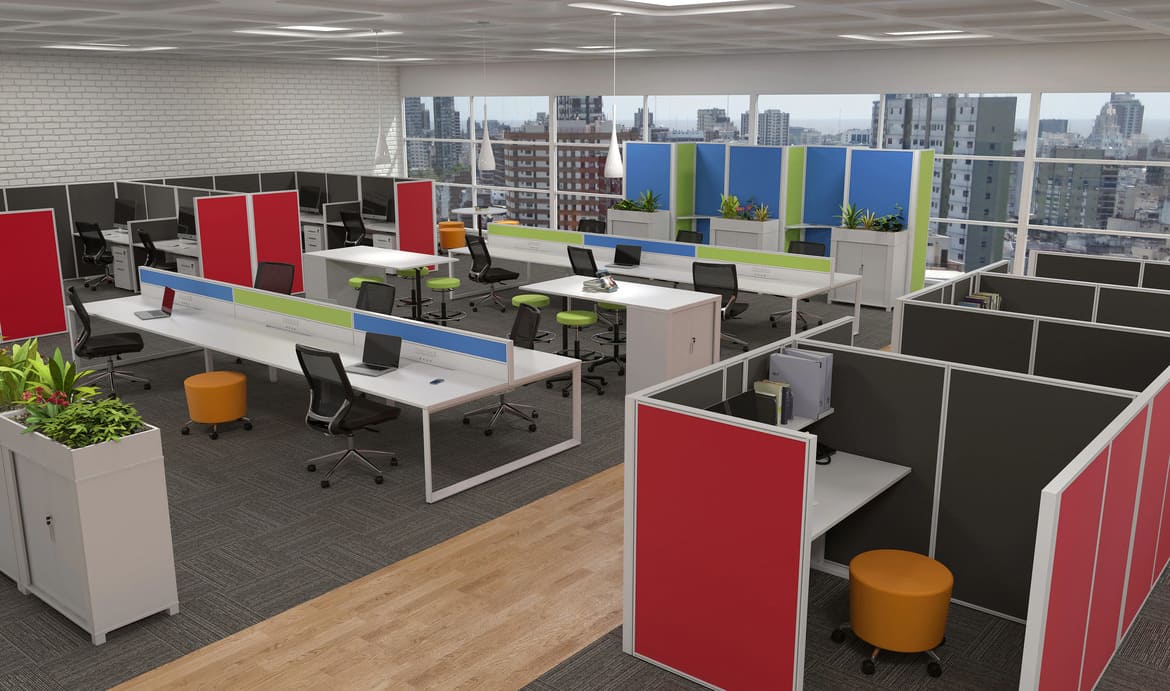 Colourful Open Plan Office with Workstations and Privacy Pods and Storage Colourful Open Plan Office with Workstations and Privacy Pods and Storage