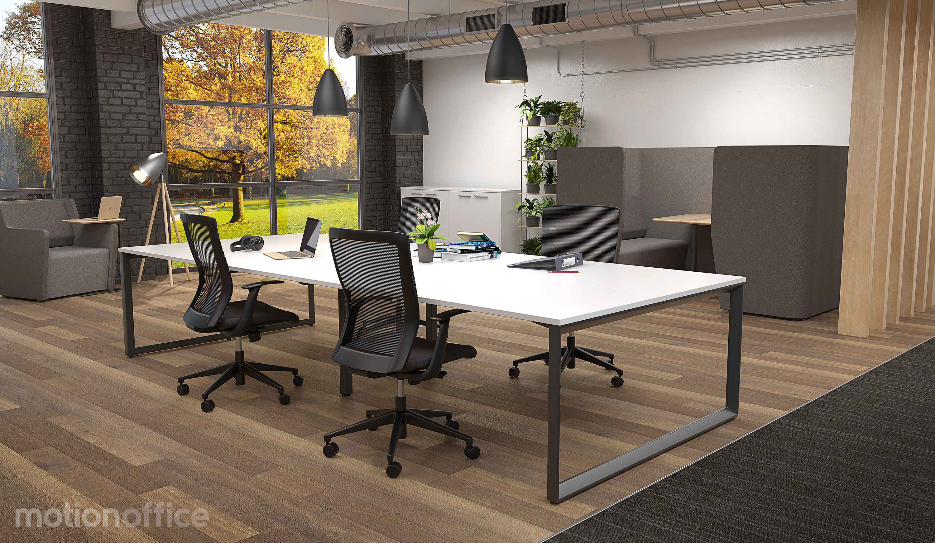 Modern Open Plan Office Workplace With Workstations, Office Chairs and Grey Pods Modern Open Plan Office Workplace With Workstations, Office Chairs and Grey Pods