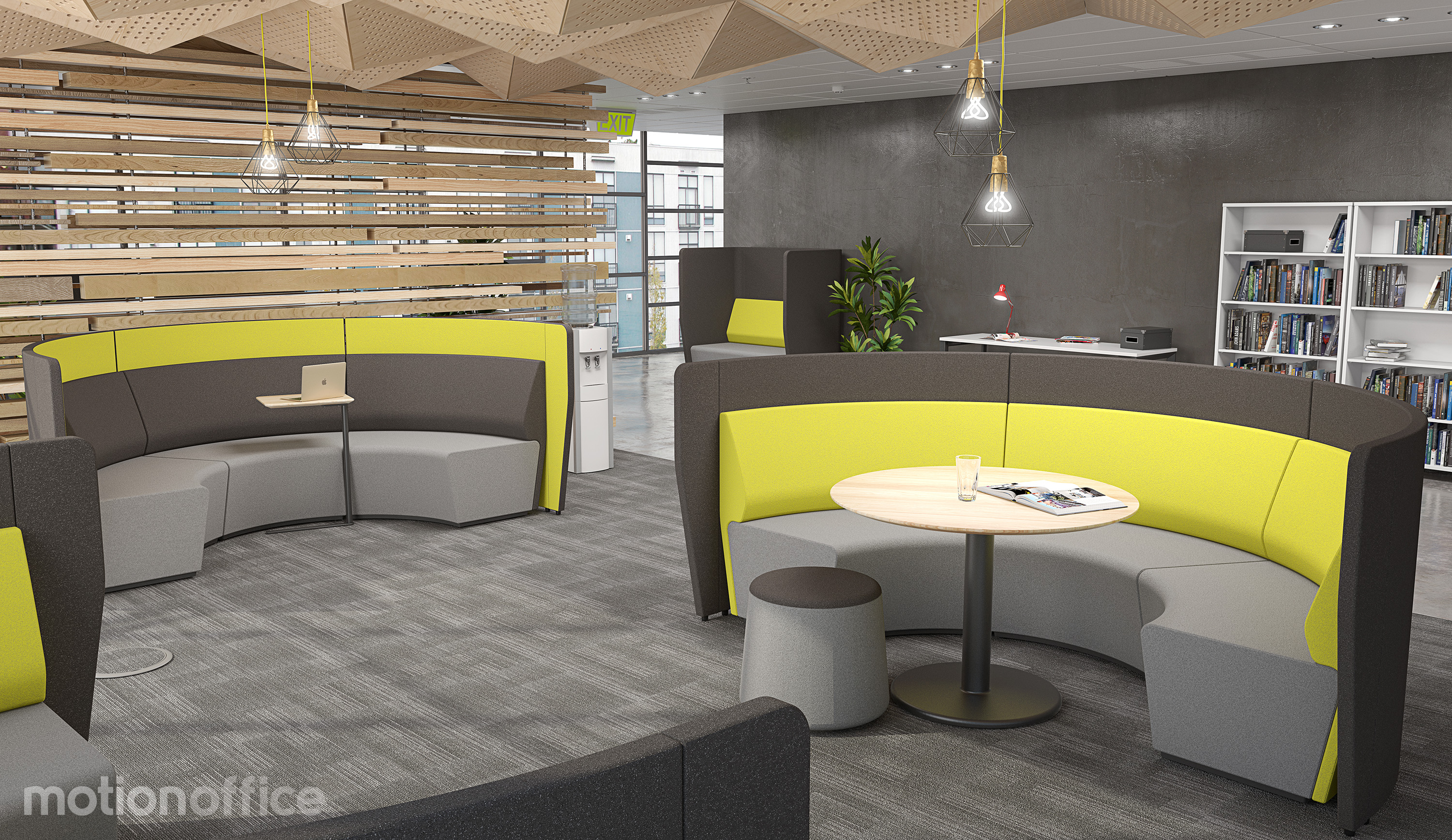 Activity Based Working Semi Circle Multi Coloured Pods with Wooden Top Round Tables Activity Based Working Semi Circle Multi Coloured Pods with Wooden Top Round Tables