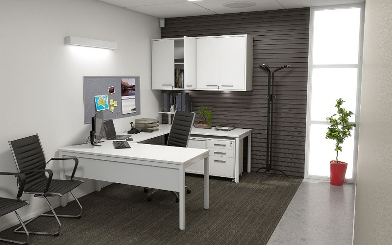 Private Office with a White Corner Desk, Cabinets, Storage and Executive Office Chairs Private Office with a White Corner Desk, Cabinets, Storage and Executive Office Chairs