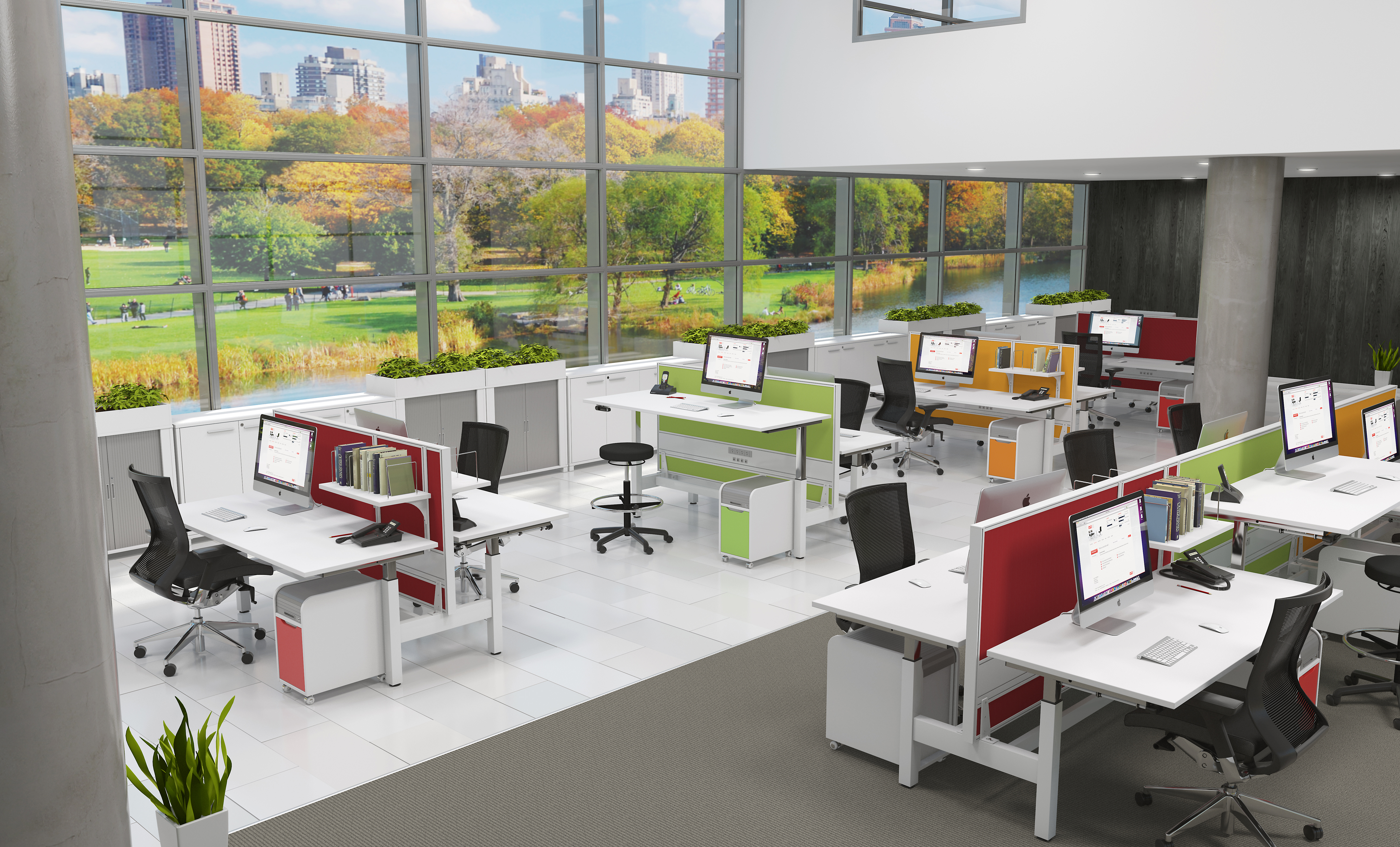 Modern Open Plac Workplace with Standing Desks and Height Adjustable Desks and Colourful Desk Screens Modern Open Plac Workplace with Standing Desks and Height Adjustable Desks and Colourful Desk Screens