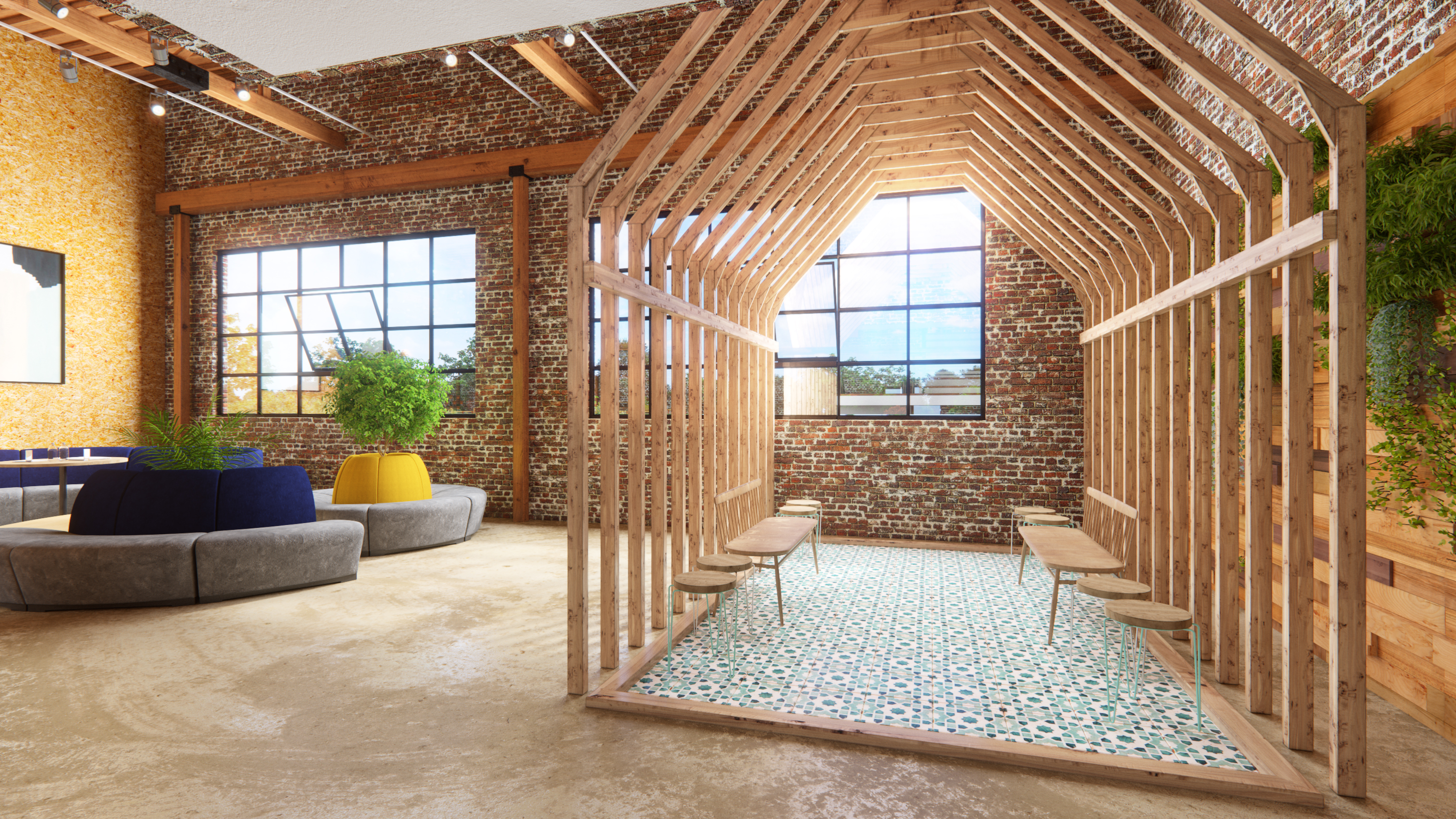 Industrial Office Breakout Area with 360 Degree Lounges and a Wooden House Industrial Office Breakout Area with 360 Degree Lounges and a Wooden House