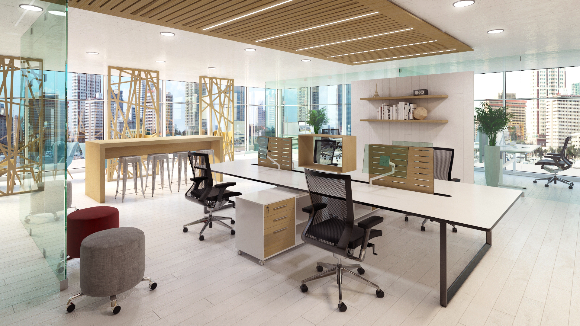 Modern Office Workstations with Wooden Modestly Panels and Black Office Chairs Modern Office Workstations with Wooden Modestly Panels and Black Office Chairs