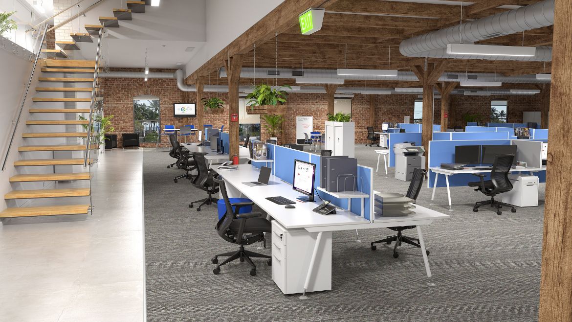 Industrial Office Workspace Setting with 6 Person Workstations with Desk Screens and Rustic Brick Walls Industrial Office Workspace Setting with 6 Person Workstations with Desk Screens and Rustic Brick Walls