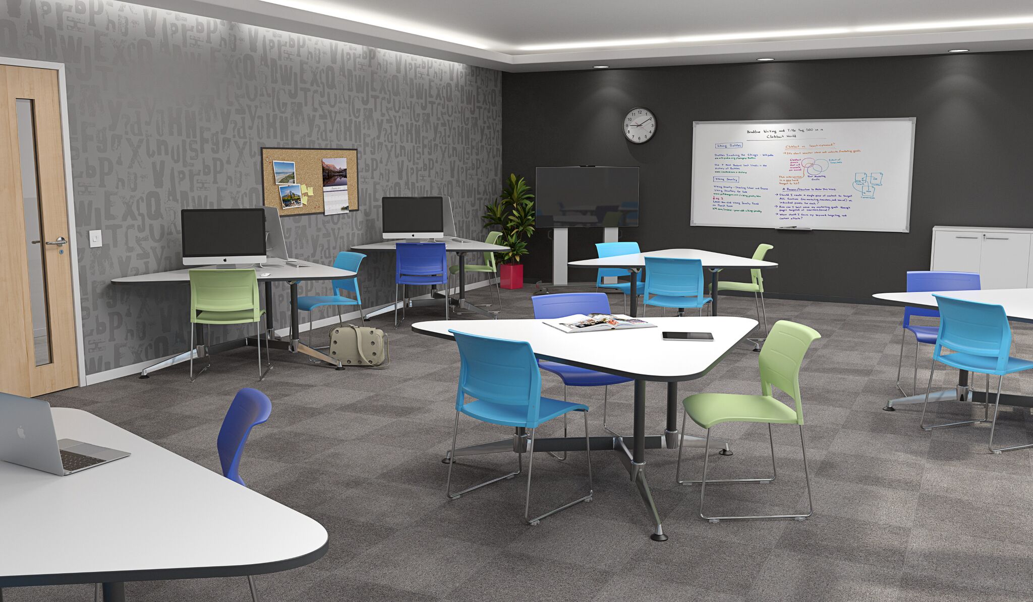 Educational Classroom Setting with 3 Person Traingular Desks and Colourful Classroom Chairs Educational Classroom Setting with 3 Person Traingular Desks and Colourful Classroom Chairs