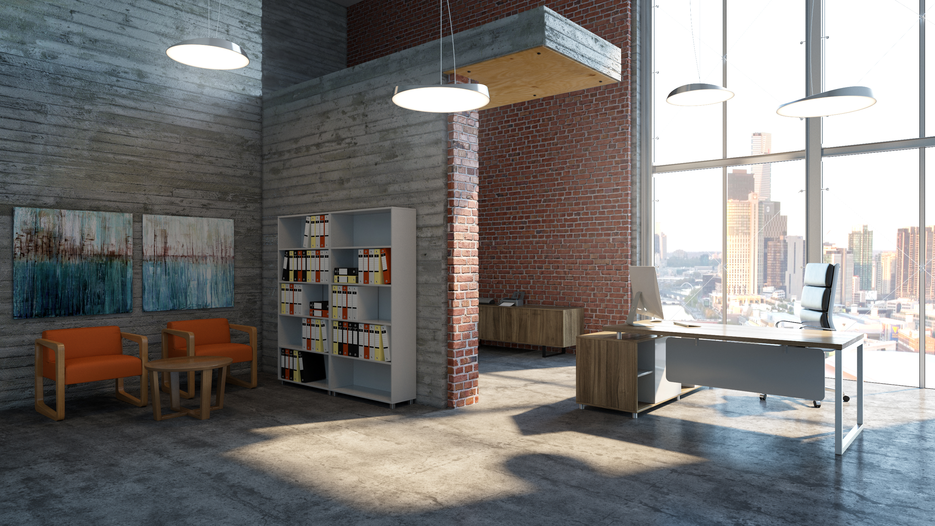 Executive Modern Office Space with a Single Straight Desks, Executive Chair and Orange Lounge Visitor Seating Executive Modern Office Space with a Single Straight Desks, Executive Chair and Orange Lounge Visitor Seating