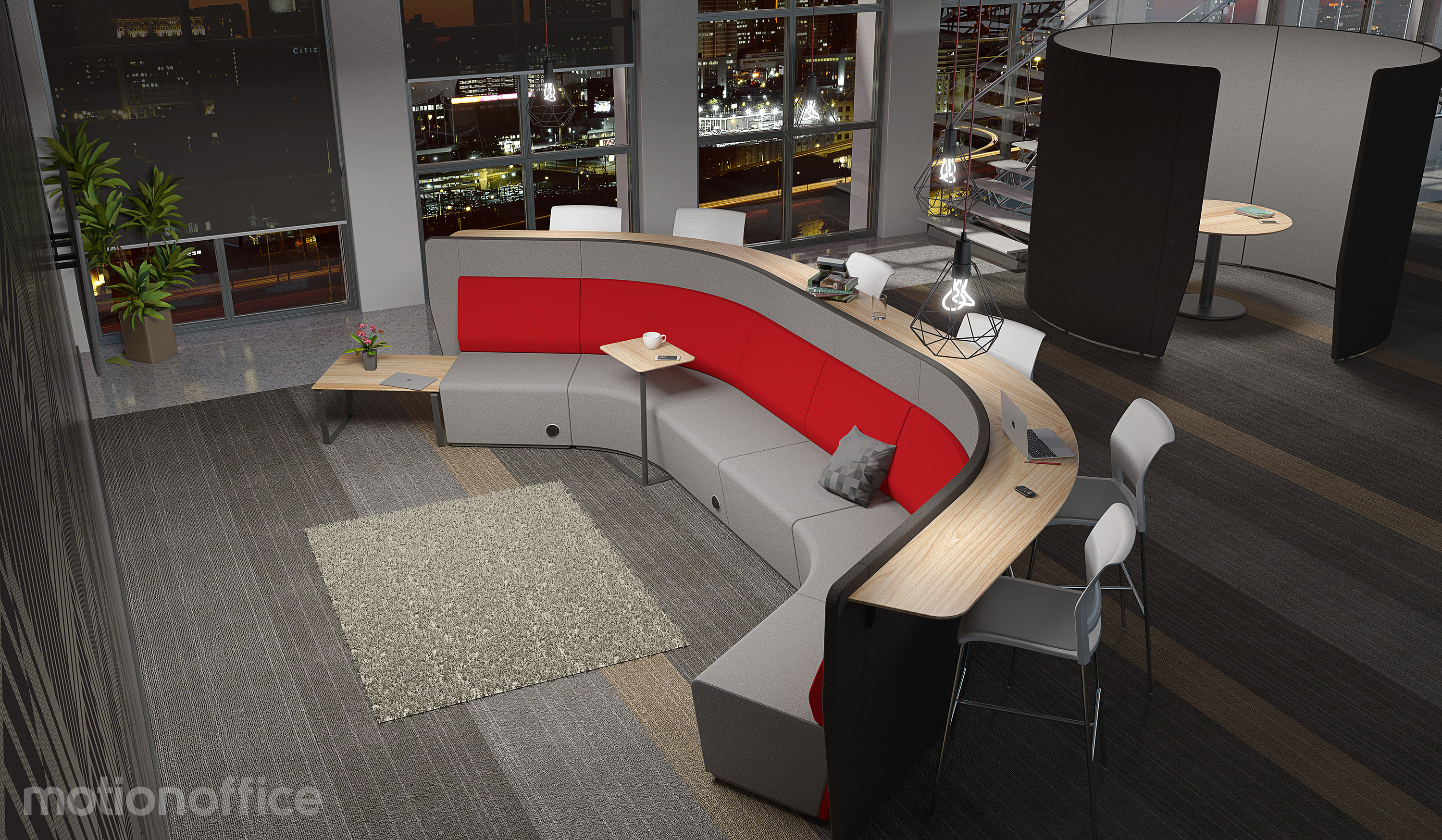 Activity Based Working Long Rectangular Red and Grey Pod with a Desk Attached