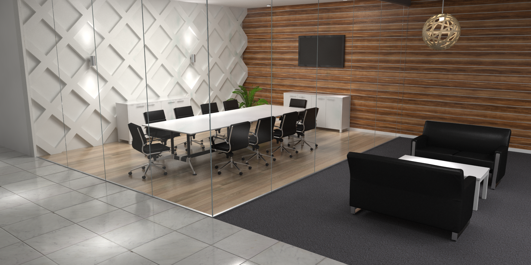 Modern Boardroom Table With Black Executive Chairs in a Glass Room Industrial Boardroom with a White Boardroom Table and Low Back Black Executive Chairs