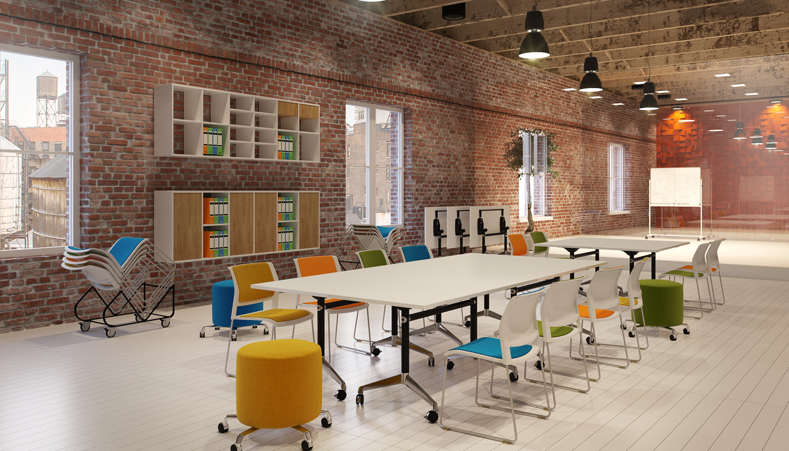 Educational Classroom or Training Room Setting with Portable Flip Tables and Colourful Classroom Stackable Chairs Educational Classroom or Training Room Setting with Portable Flip Tables and Colourful Classroom Stackable Chairs