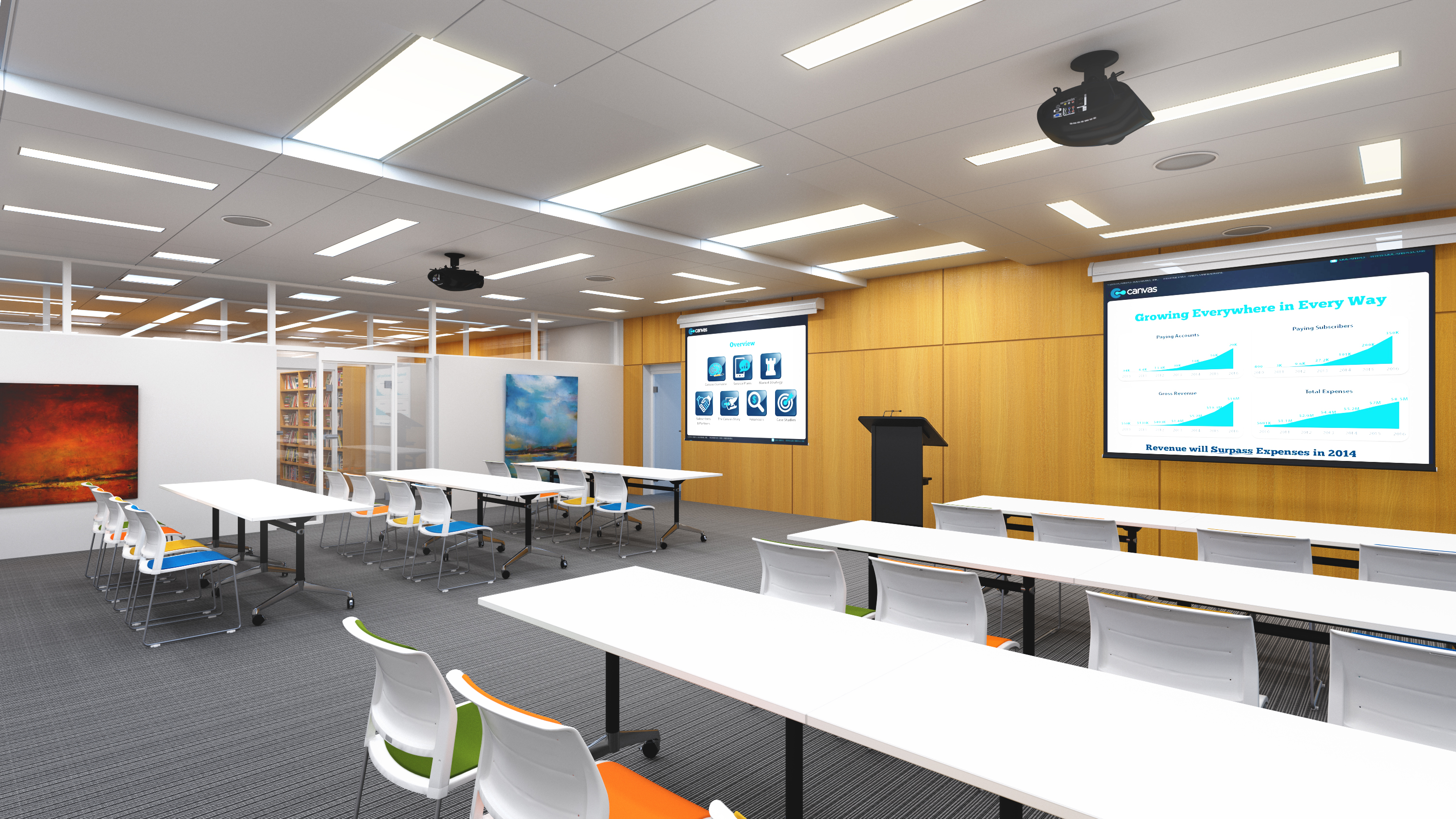 Traditional Classroom or Lecture Room Layout with Rows of Straight Desks, Classroom Chairs and a Teaching Podium Traditional Classroom or Lecture Room Layout with Rows of Straight Desks, Classroom Chairs and a Teaching Podium