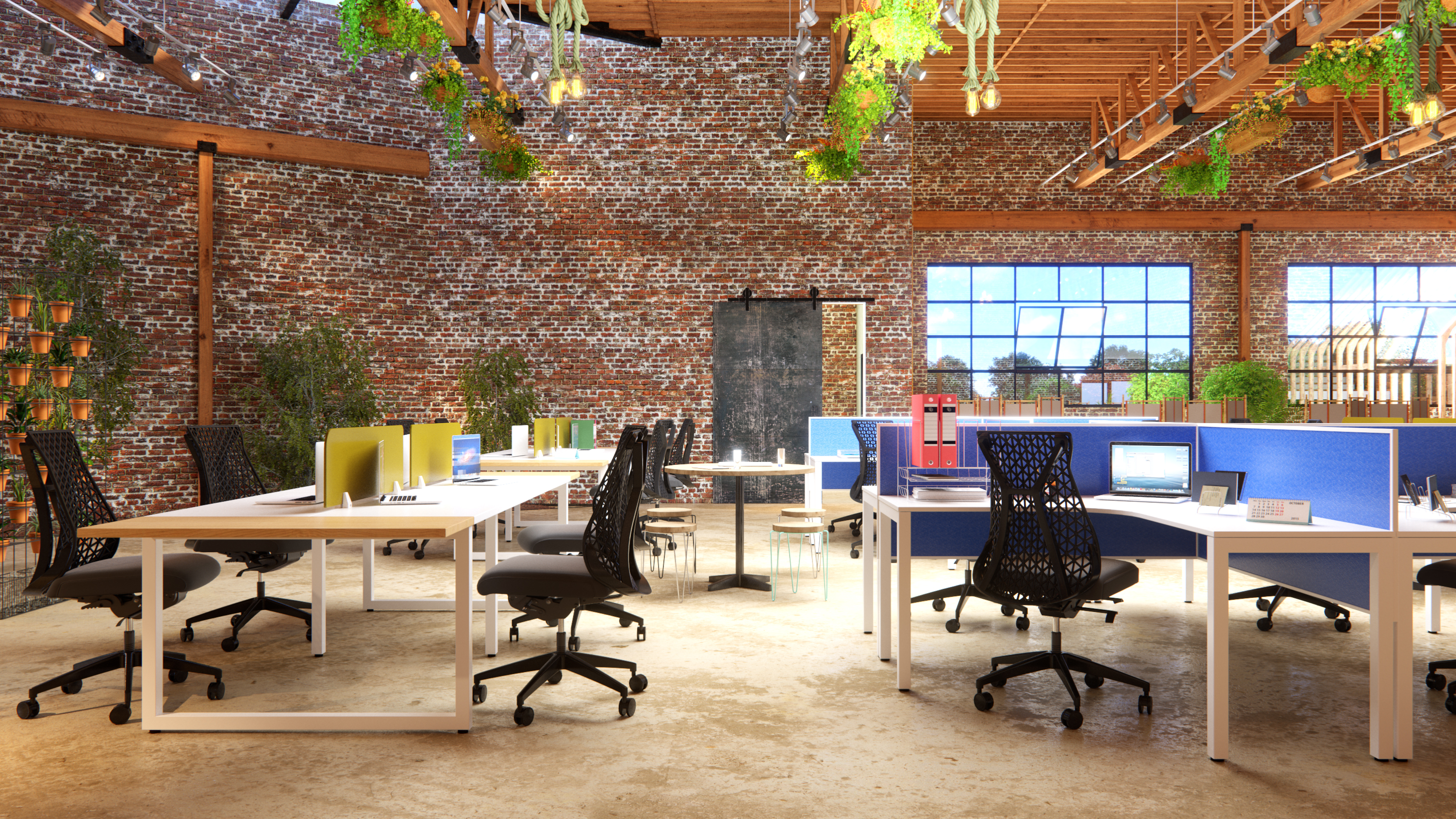 Open Plan Industrial Office Workspace with 4 Person Workstations and Industrial Brick Walls Open Plan Industrial Office Workspace with 4 Person Workstations and Industrial Brick Walls