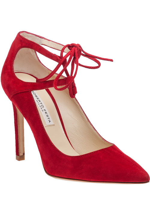 A sexy lace up pump in a romantic red suede. Wear with a LBD for a pop of color or cuffed jeans for a daytime look. Suede upper Leather lining Leather sole Ghillie lace up design Approx. 4" heel Made in Italy