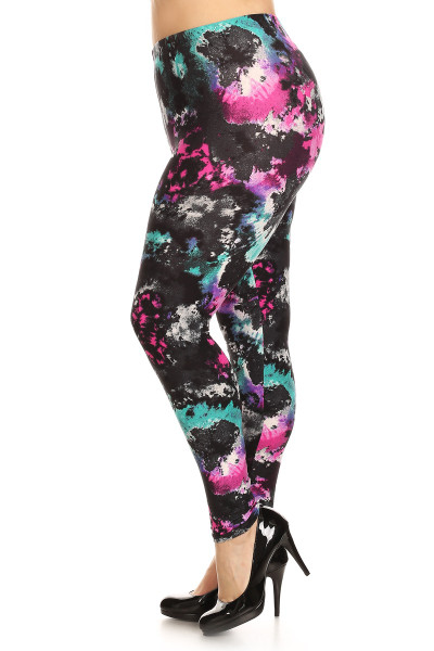 Left side leg image of Wholesale Buttery Soft Aurora Borealis Tie Dye Plus Size Leggings Left side leg image of Wholesale Buttery Soft Aurora Borealis Tie Dye Plus Size Leggings