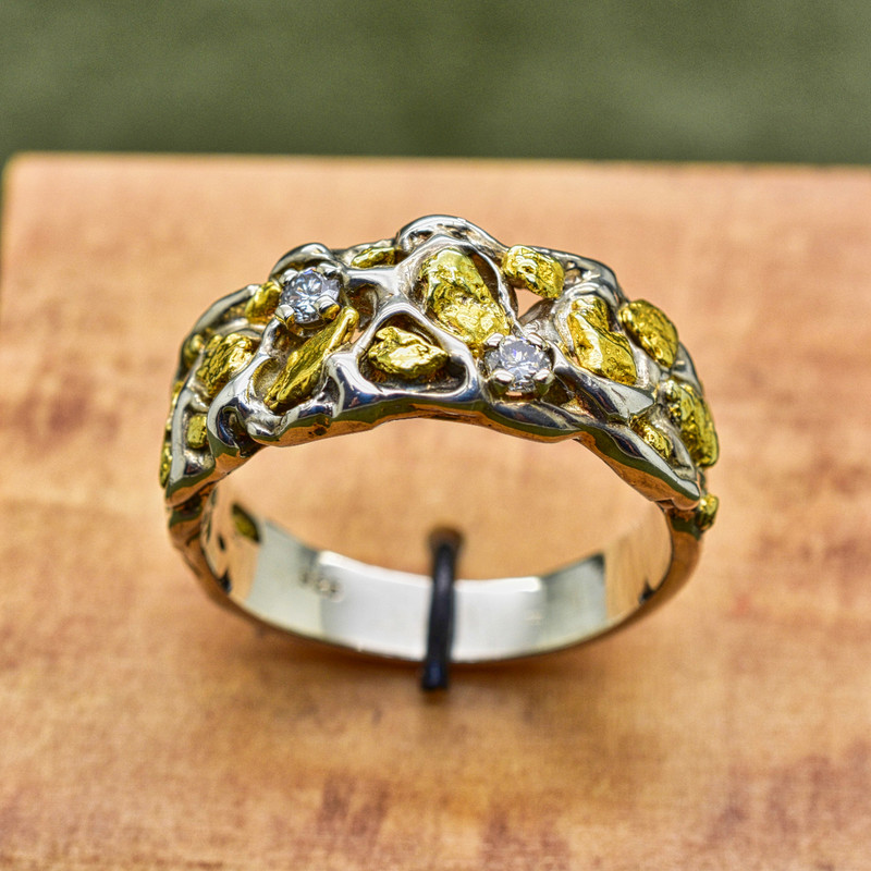 Sterling Silver and Natrual Nugget Ring with .16 ct in Diamonds