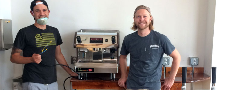Two Dollar Radio coffee machine with Brett and Eric