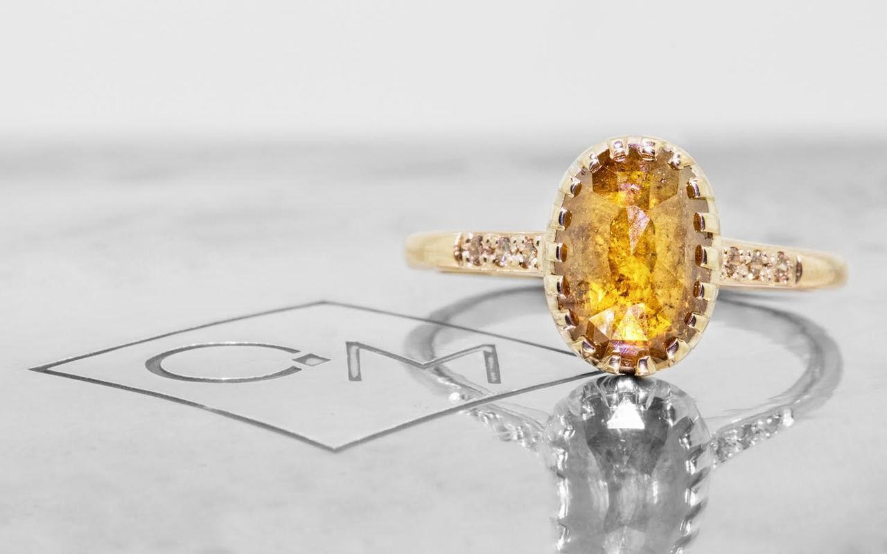 2 03 Carat Amber Diamond Ring In Yellow Gold Chinchar Maloney 2 03 Carat Oval Rose Cut Glowing Deep Orange Amber G Bezel