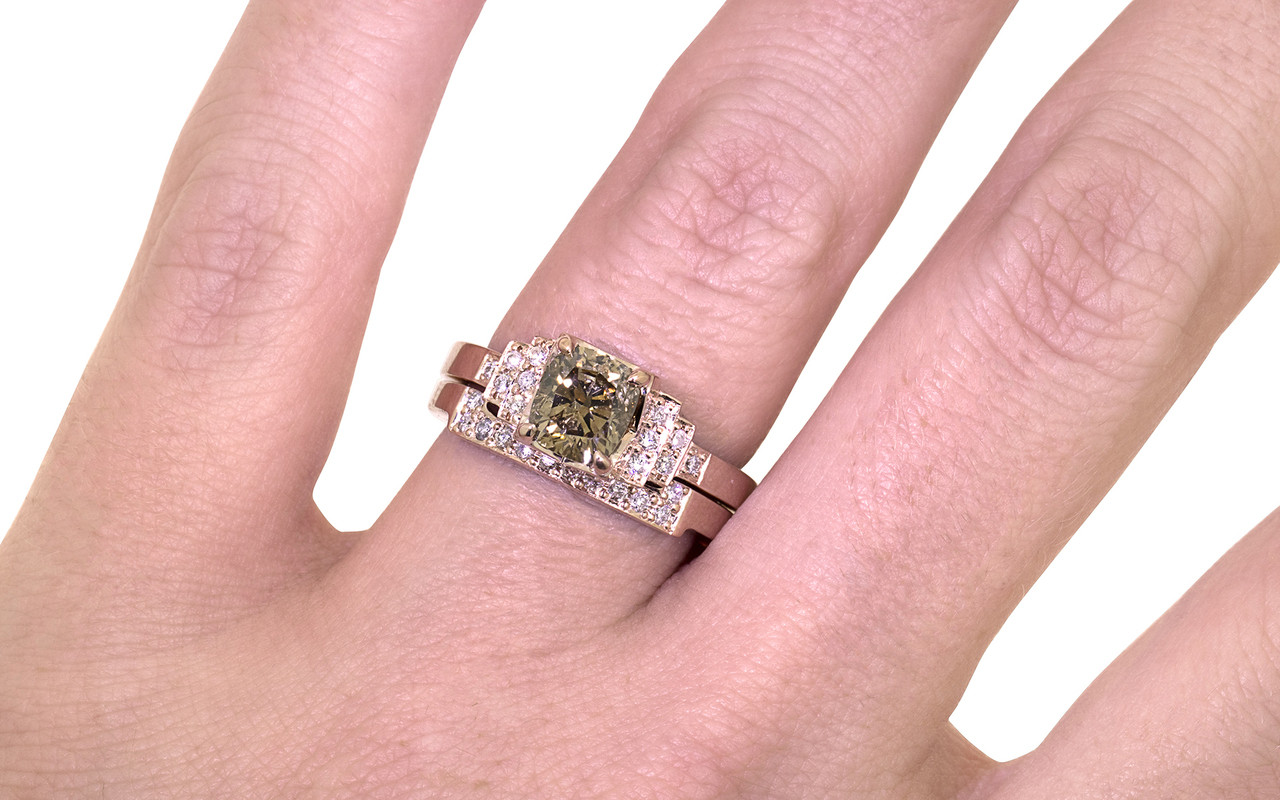 1 06 Carat Dark Champagne Diamond Wedding Set In Rose Gold 1 06 Carat Dark Champagne Diamond Emerald Rectangle Cut Engagement Ring With Shadow Wedding Band