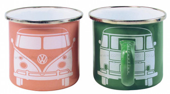 VW T1 Campervan Apricot & Green Enamel Tin Mug Set VW T1 Campervan Apricot & Green Enamel Tin Mug Set