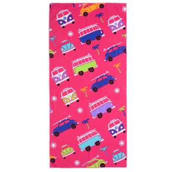VW Campervan and Beetle Kids Pink Beach Towel VW Campervan and Beetle Kids Pink Beach Towel