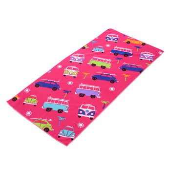 VW Campervan and Beetle Kids Pink Beach Towel VW Campervan and Beetle Kids Pink Beach Towel