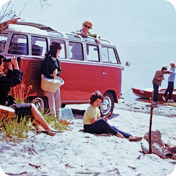 VW Red Campervan At The Beach Single Coaster VW Red Campervan At The Beach Single Coaster