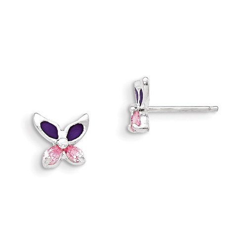 Pink Cubic Zirconia Enameled Post Earrings Sterling Silver QE8639