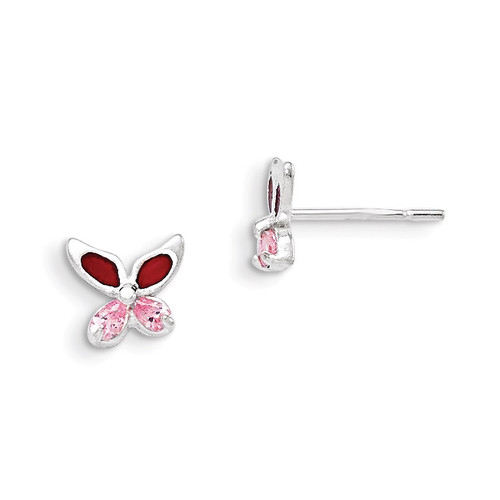 Pink Cubic Zirconia Enameled Butterfly Post Earrings Sterling Silver QE8640