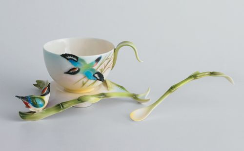 Franz Porcelain Bamboo Song Bird Cup Saucer Spoon Set FZ00570