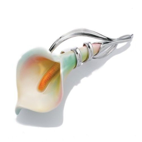 Franz Porcelain Calla Lily Flower Rhodium Plated Brass & Porcelain Pendant Brooch FJ00036