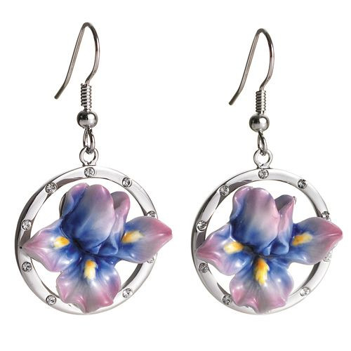 Franz Porcelain Iris Flower Rhodium Plated Brass & Porcelain Earrings FJ00189