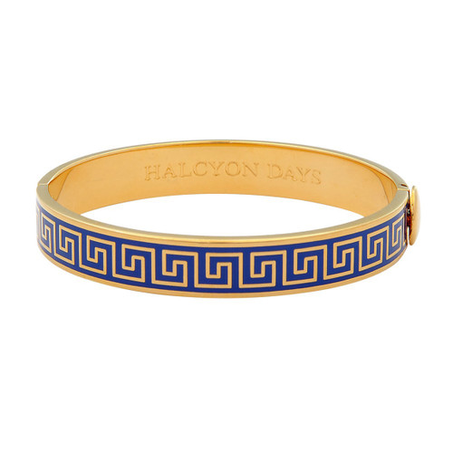 Halcyon Days Greek key Deep Cobalt Gold 1cm Hinged Bangle HBGRK1810G