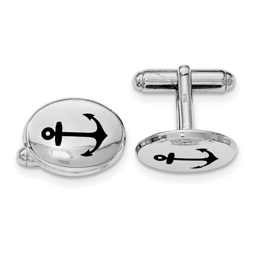 Black Anchor Enamel Oval Cufflink Sterling Silver Rhodium-plated QQ563